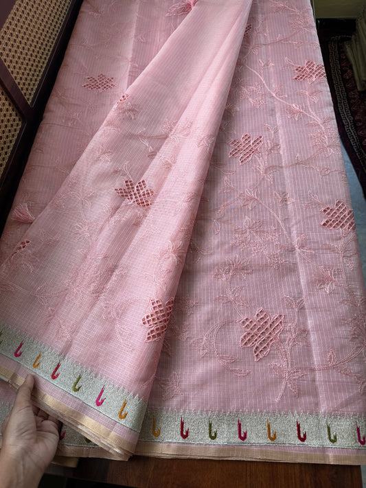 Cutwork Embroidered Silky Kota saree - Pink