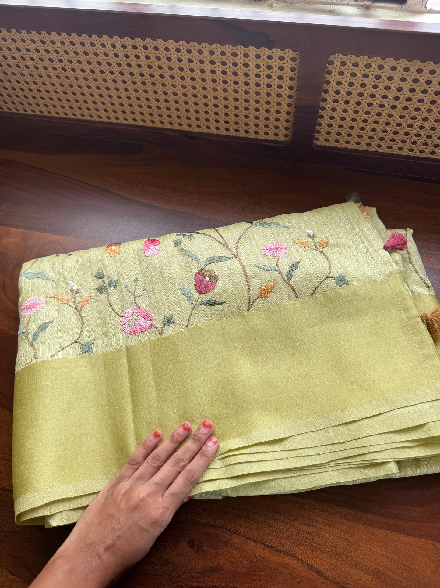 Embroidered Tussar Blend Saree- Green