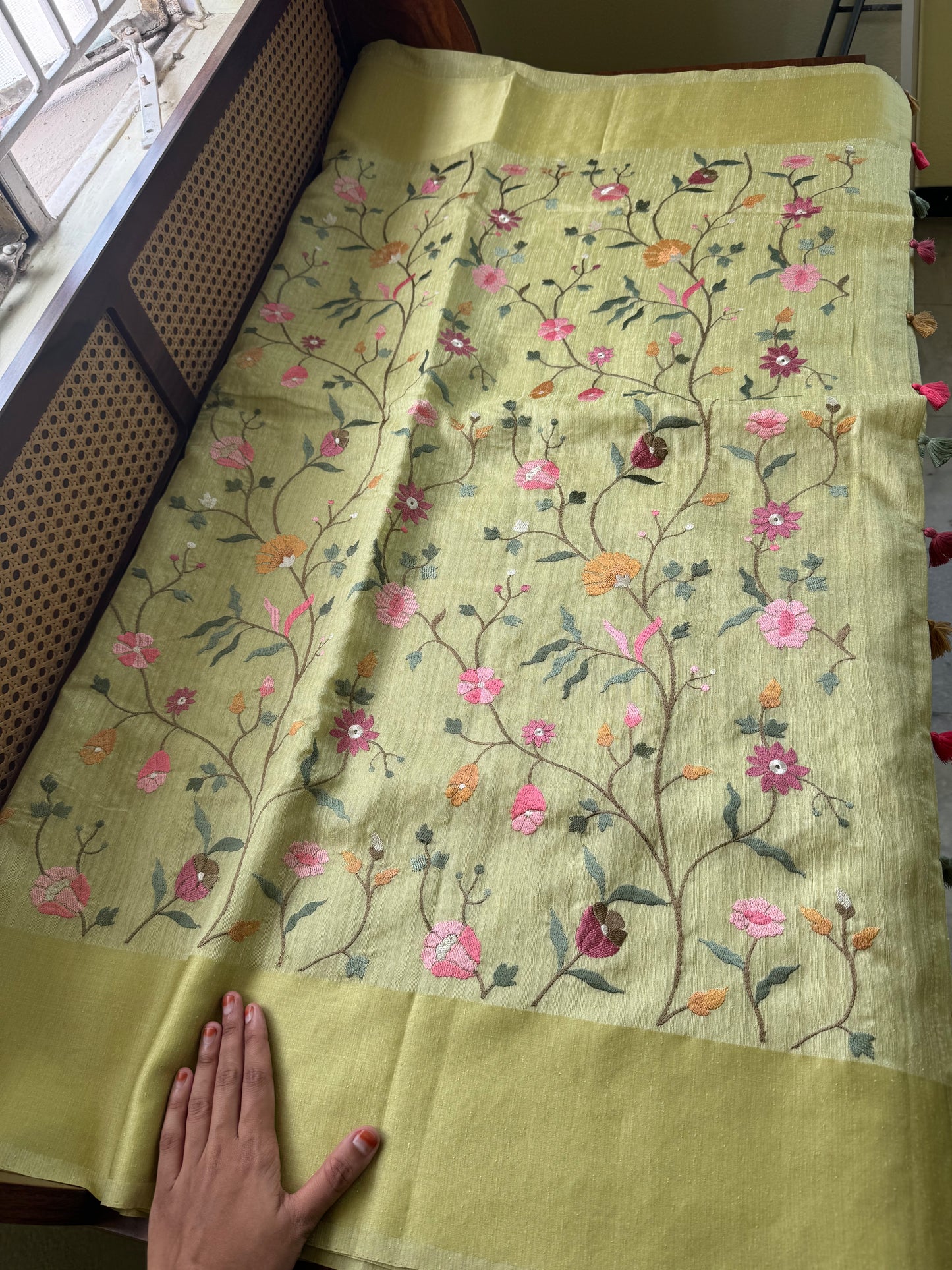 Embroidered Tussar Blend Saree- Green