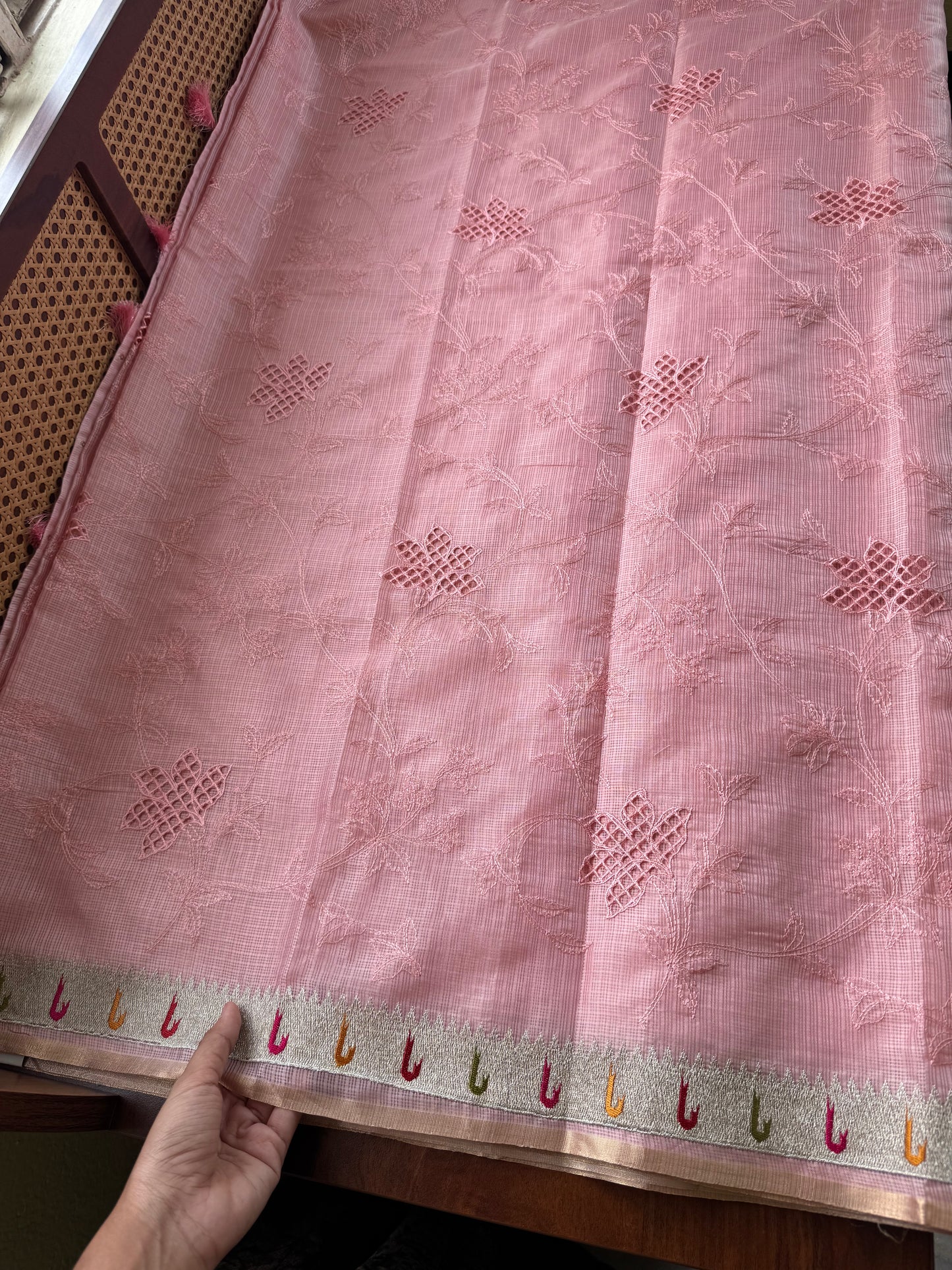 Cutwork Embroidered Silky Kota saree - Pink