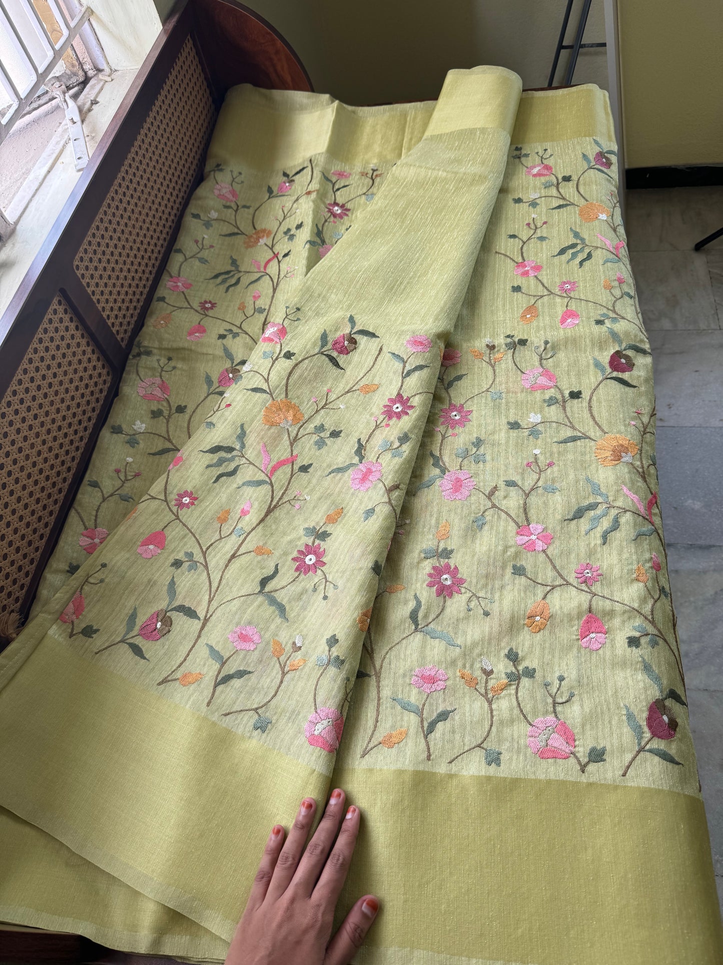 Embroidered Tussar Blend Saree- Green