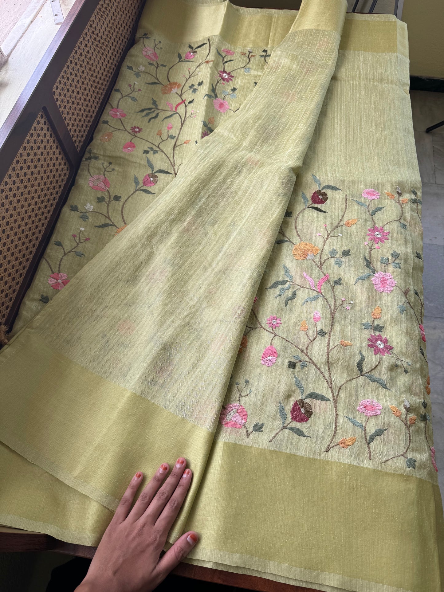 Embroidered Tussar Blend Saree- Green