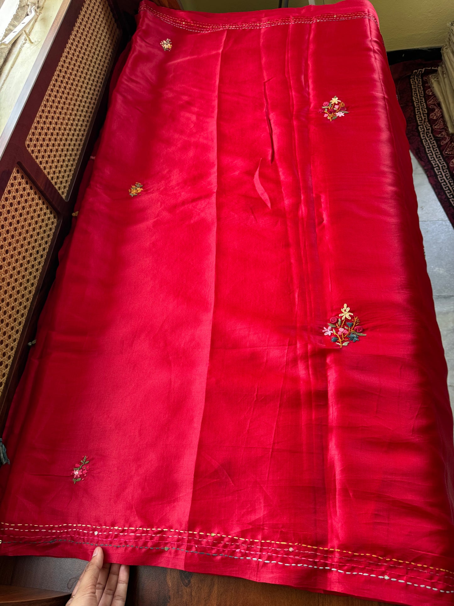 Premium Tussar Blend Saree with Handwork - Cherry Red