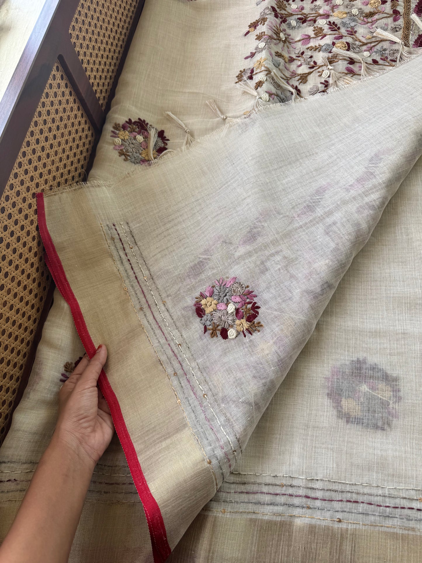 Premium Tissue Linen Sarees - Golden Cream & Pink