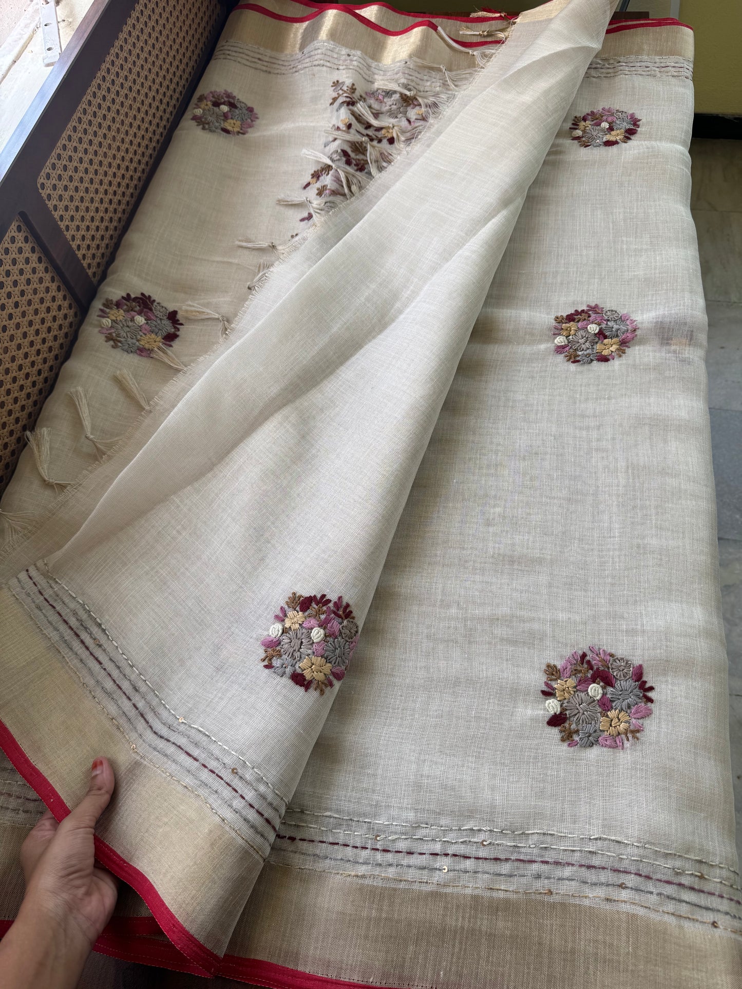 Premium Tissue Linen Sarees - Golden Cream & Pink
