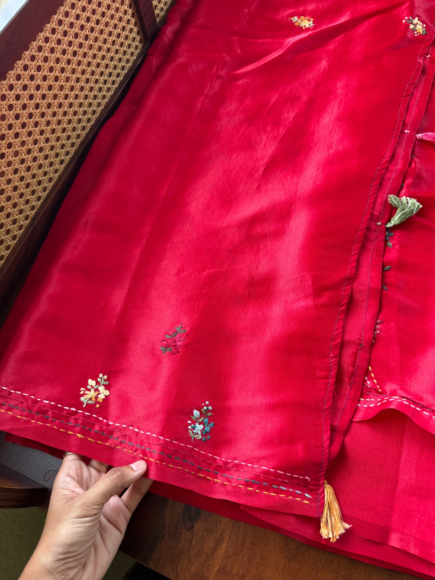Premium Tussar Blend Saree with Handwork - Cherry Red