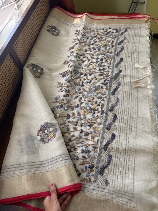 Premium Tissue Linen Sarees - Golden Cream & Grey