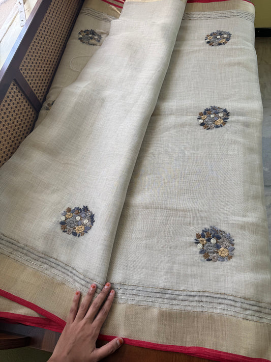 Premium Tissue Linen Sarees - Golden Cream & Grey