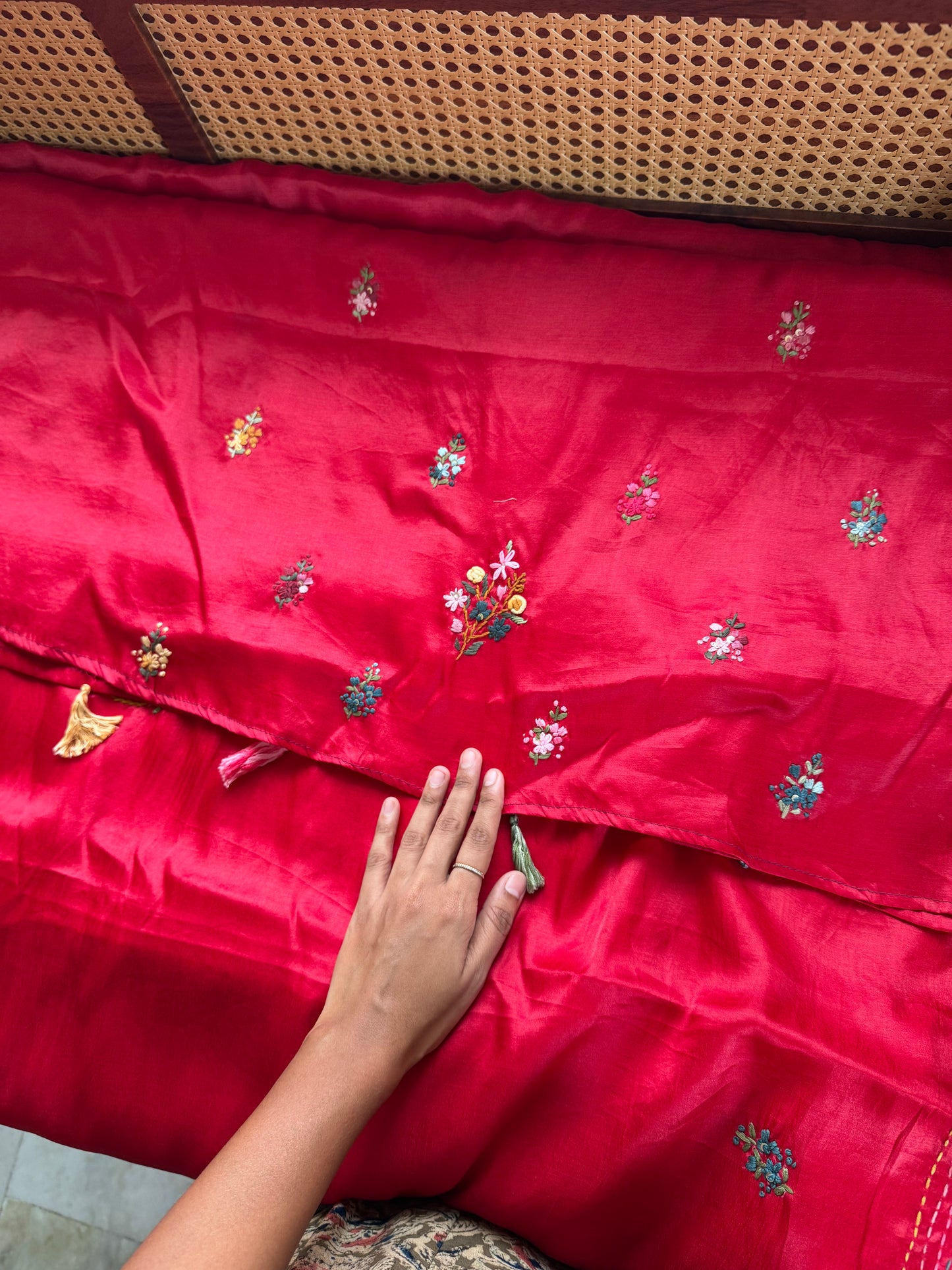 Premium Tussar Blend Saree with Handwork - Cherry Red