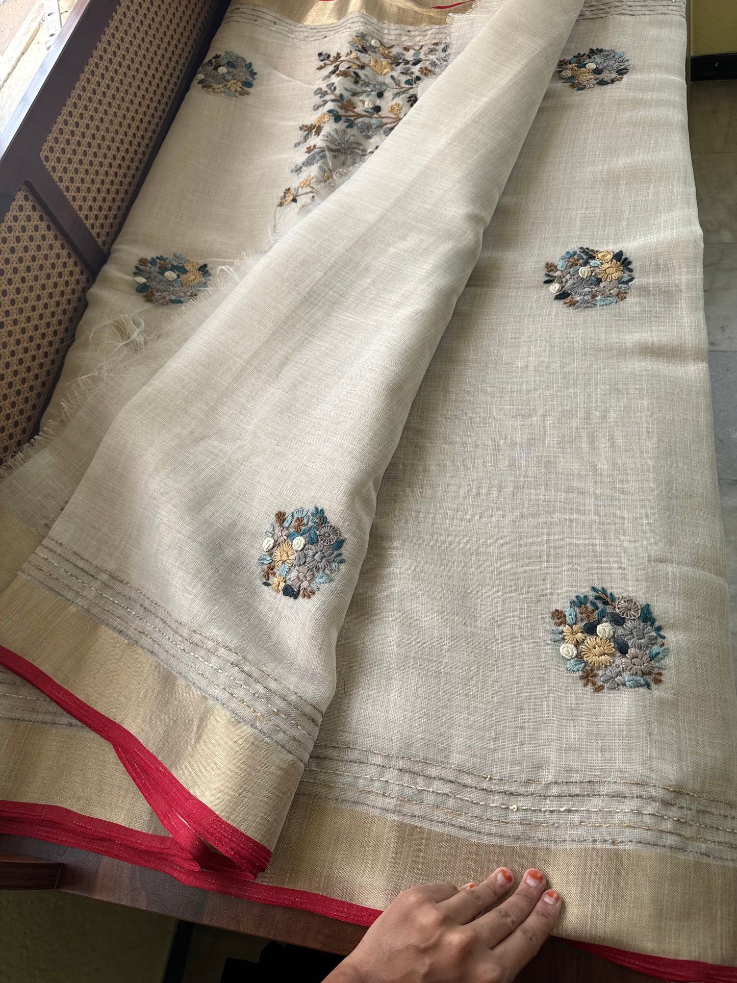 Premium Tissue Linen Sarees - Golden Cream & Peacock Blue