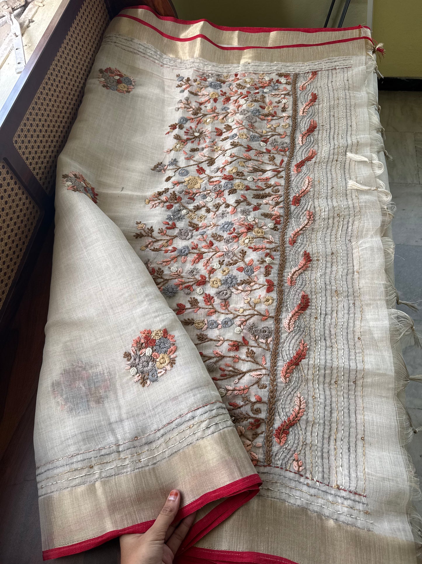 Premium Tissue Linen Sarees - Golden Cream & Orange