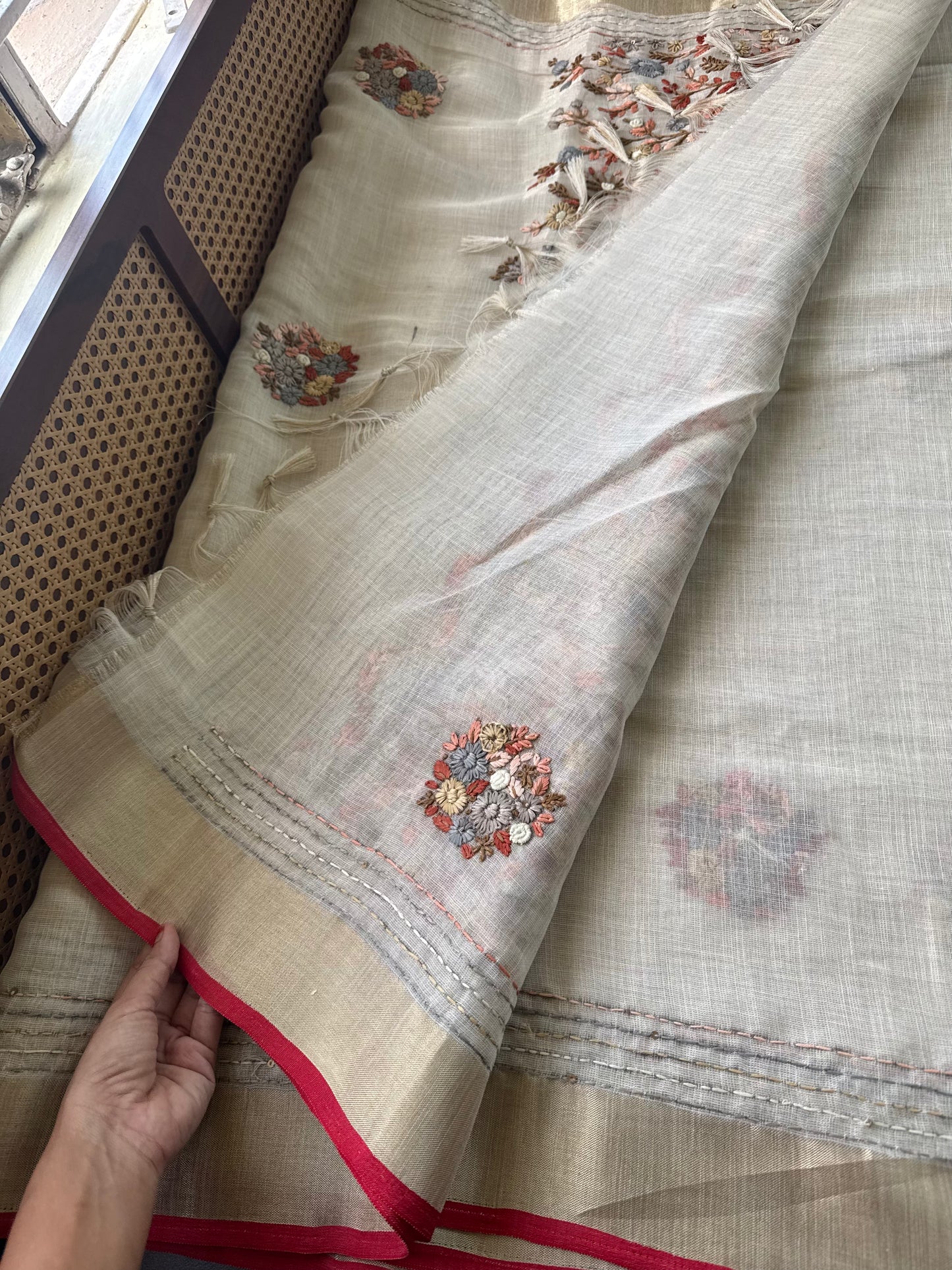 Premium Tissue Linen Sarees - Golden Cream & Orange