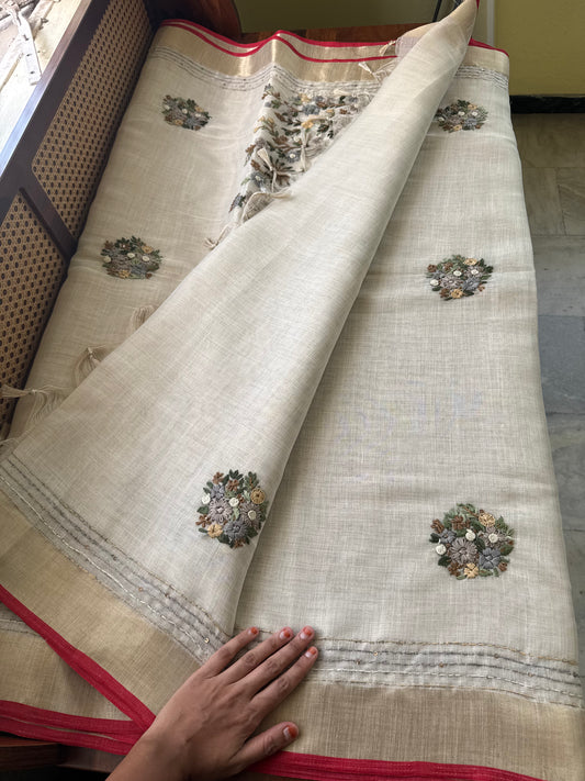 Premium Tissue Linen Sarees - Golden Cream & Green
