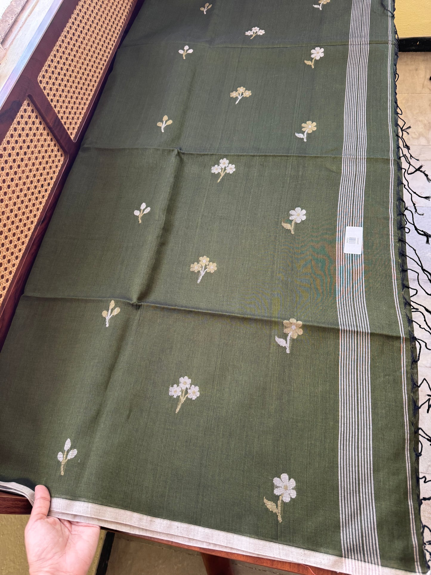 Soft Handloom Bengal Cotton Saree -Olive Green
