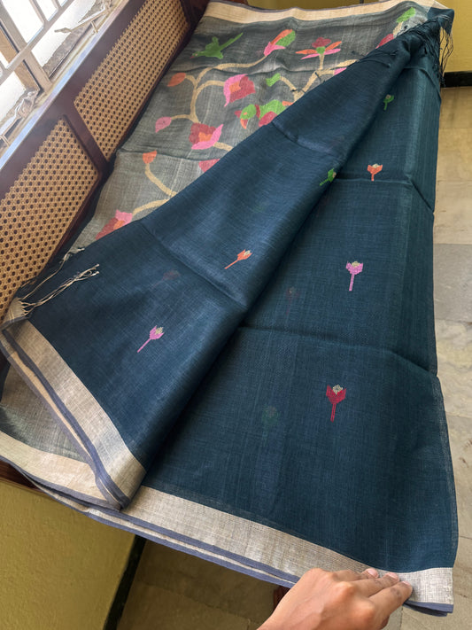 Handloom Linen Jamdani  Saree - Peacock Blue