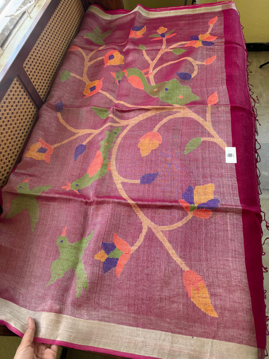 Handloom Linen Jamdani  Saree - Pink