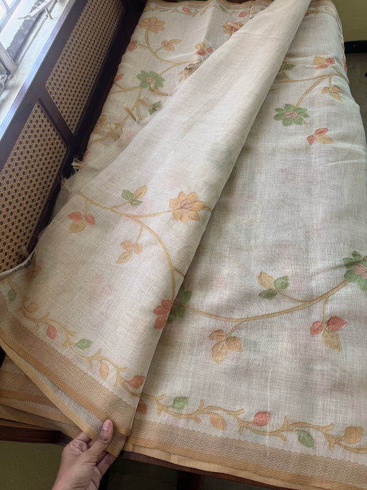 Tissue Linen Saree with Aari work - Half white & Yellow
