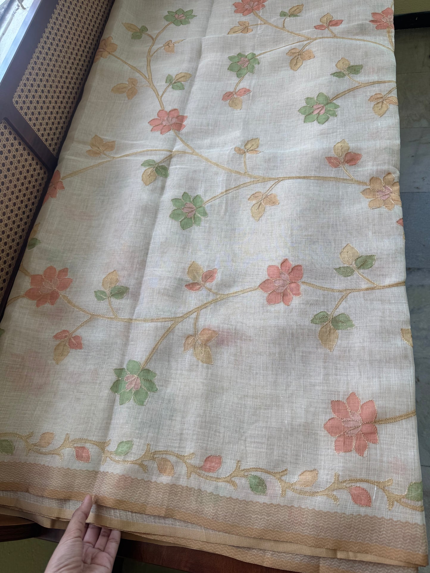 Tissue Linen Saree with Aari work - Half white & Yellow
