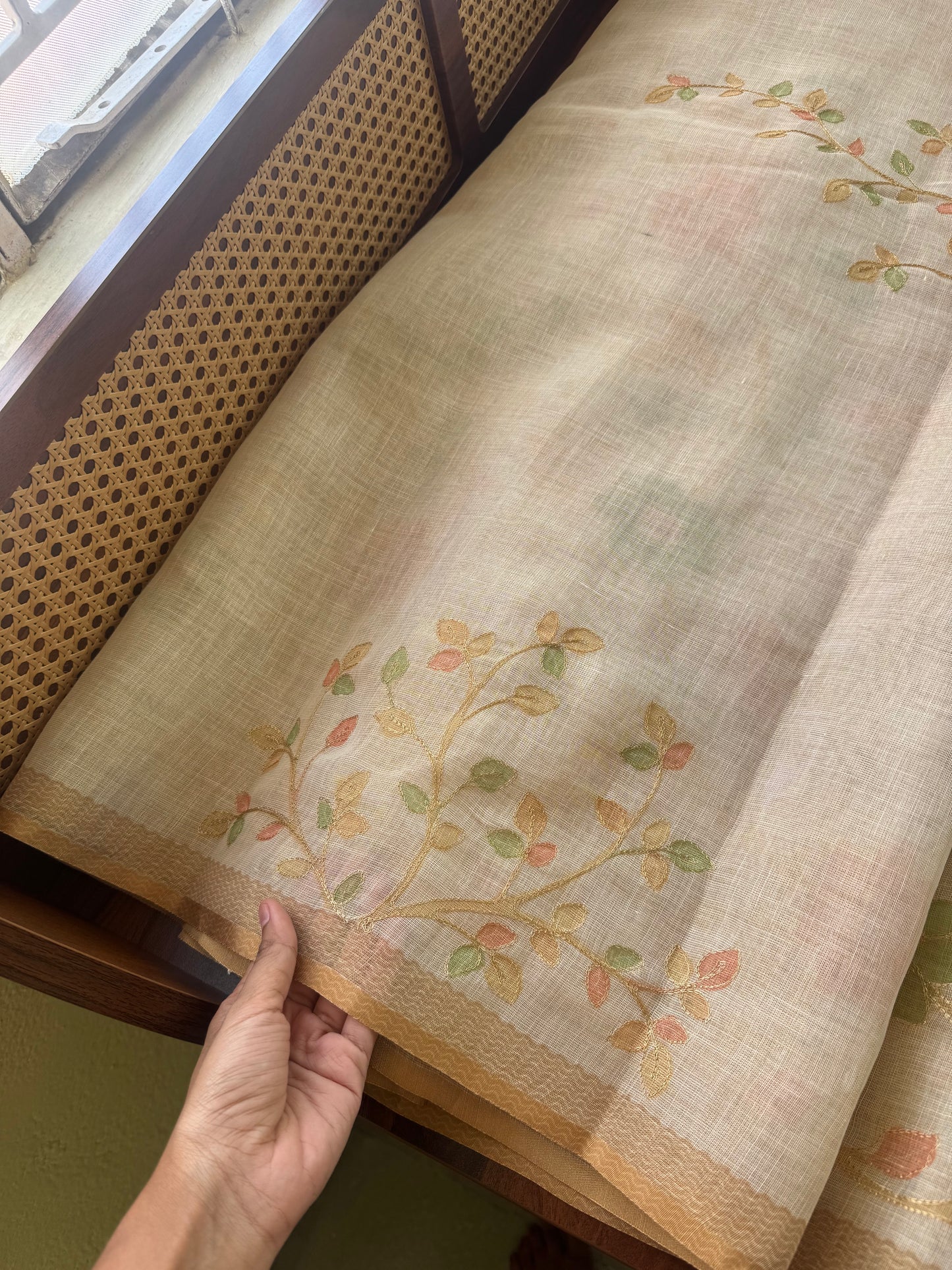 Tissue Linen Saree with Aari work - Half white & Yellow