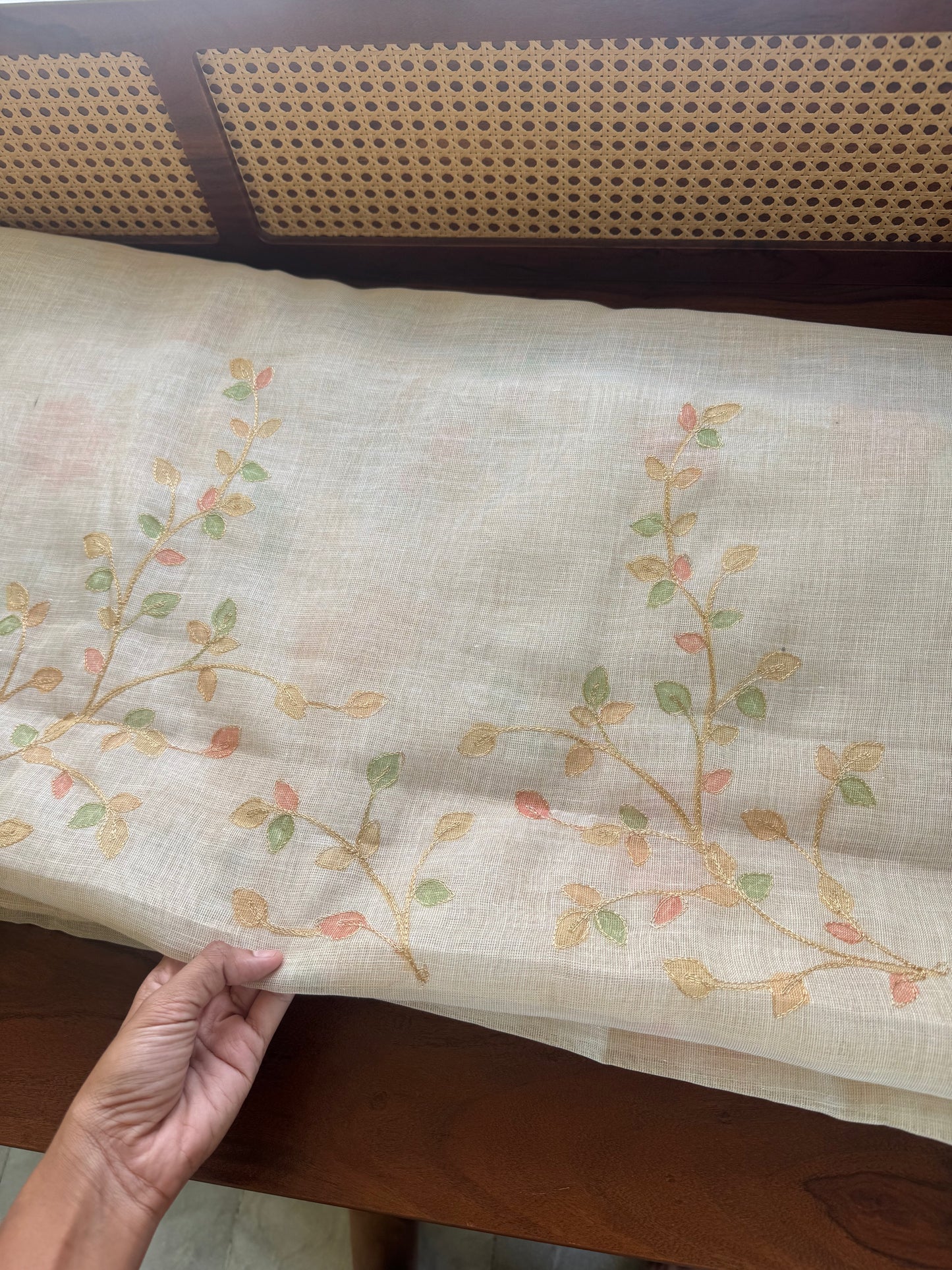 Tissue Linen Saree with Aari work - Half white & Yellow