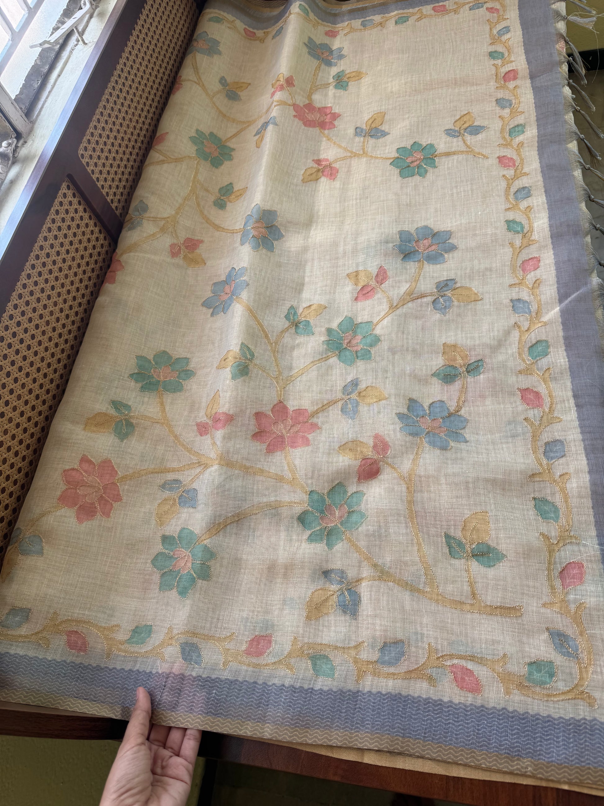 Tissue Linen Saree with Aari work - Half white & Blue – Kannamma Designs