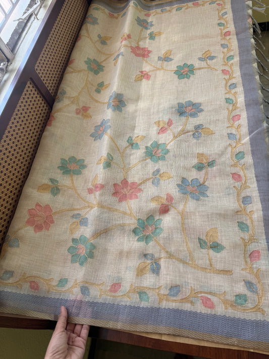 Tissue Linen Saree with Aari work - Half white & Blue