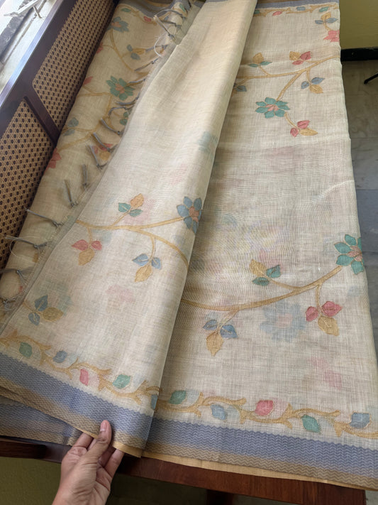Tissue Linen Saree with Aari work - Half white & Blue