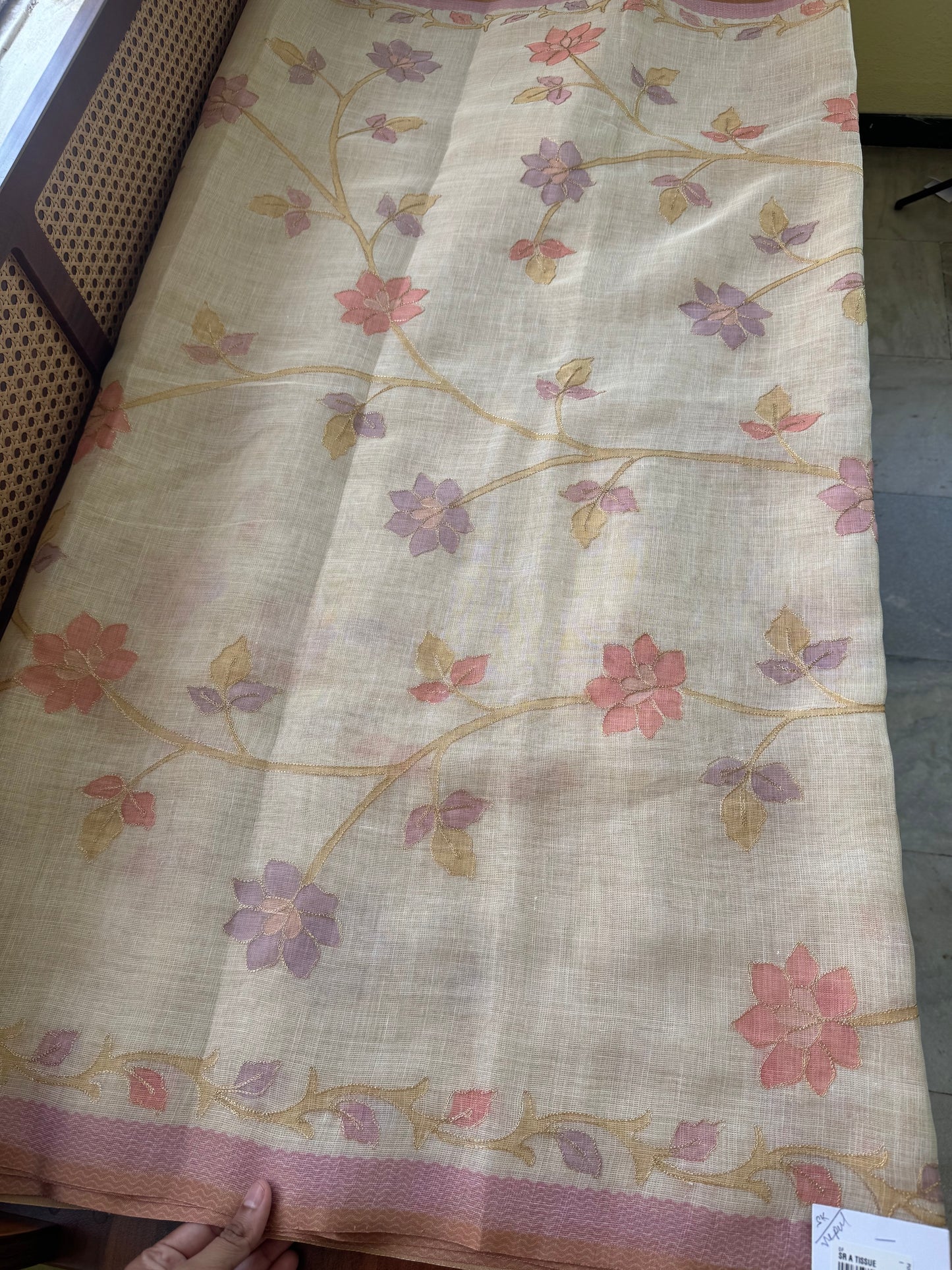 Tissue Linen Saree with Aari work - Half white & Pink