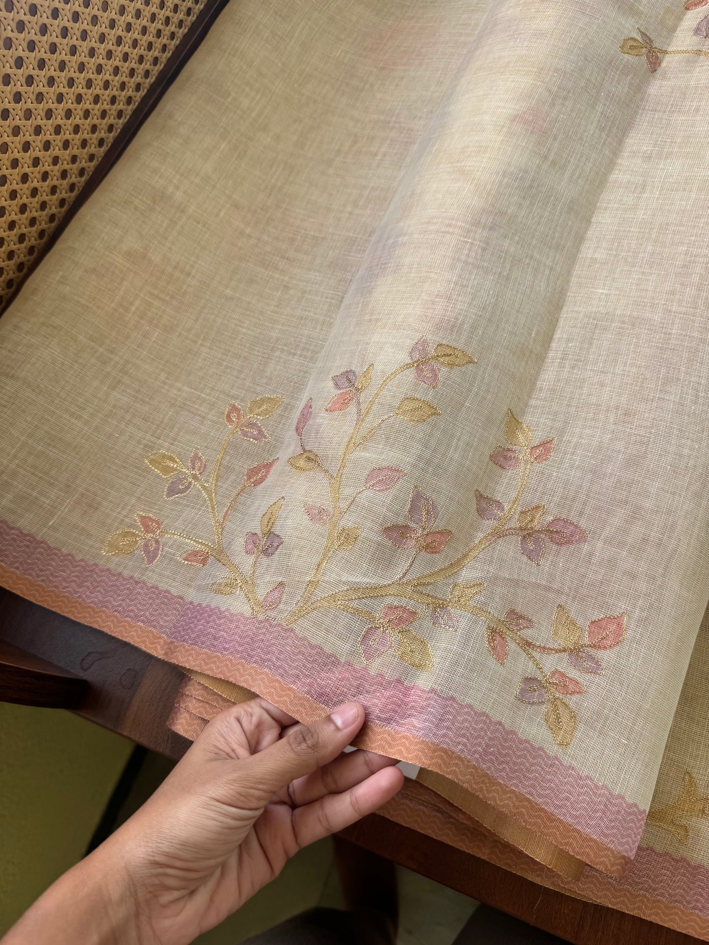 Tissue Linen Saree with Aari work - Half white & Pink