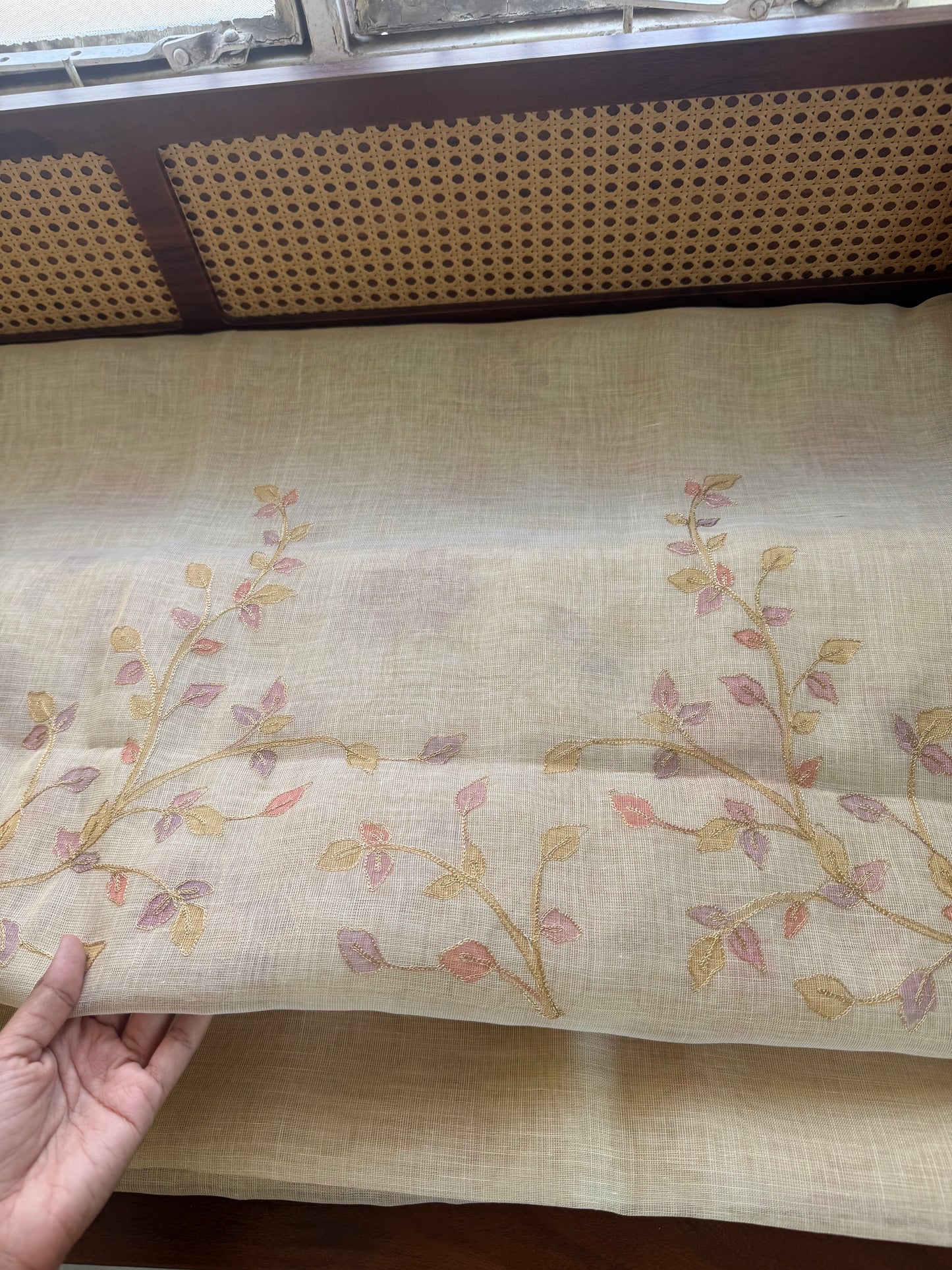 Tissue Linen Saree with Aari work - Half white & Pink