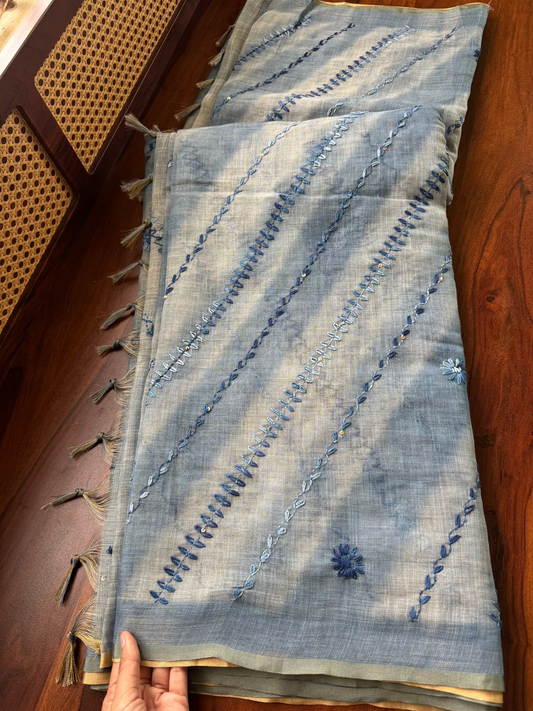 Premium Tissue Linen Sarees with all over & heavy blouse - Ink Blue