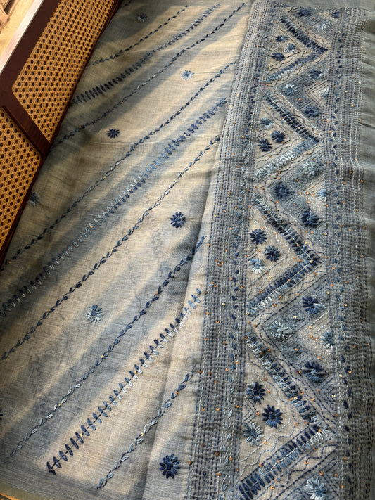 Premium Tissue Linen Sarees with all over & heavy blouse - Ink Blue