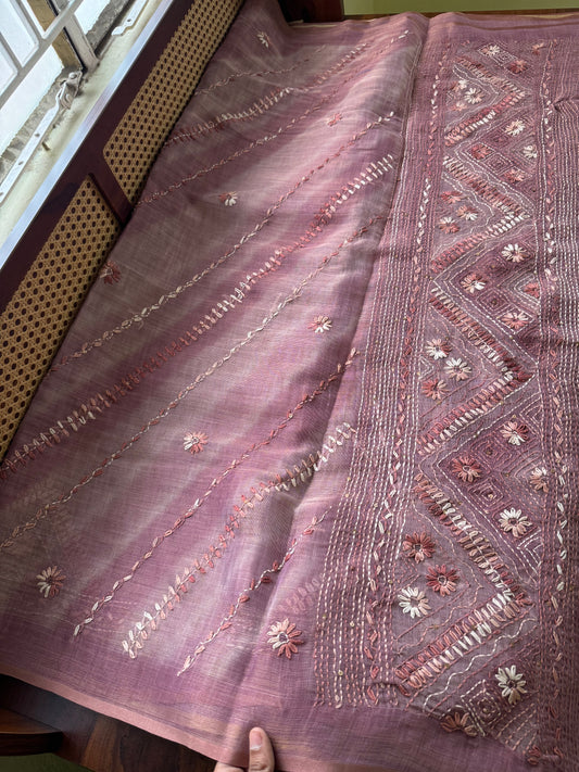 Premium Tissue Linen Sarees with heavy blouse - Pink