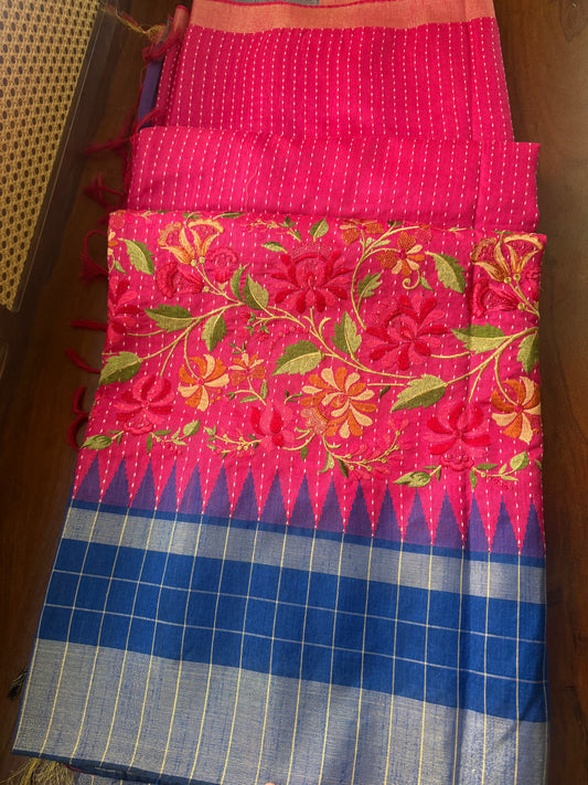 Semi Raw silk embroidered saree  - Pink & Blue checks