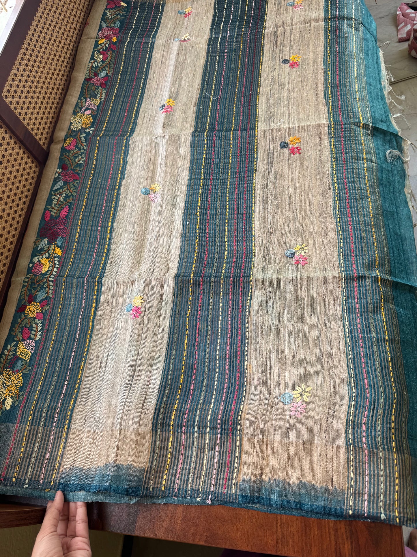 Hand Embroidered Pure Tussar Saree - Blue