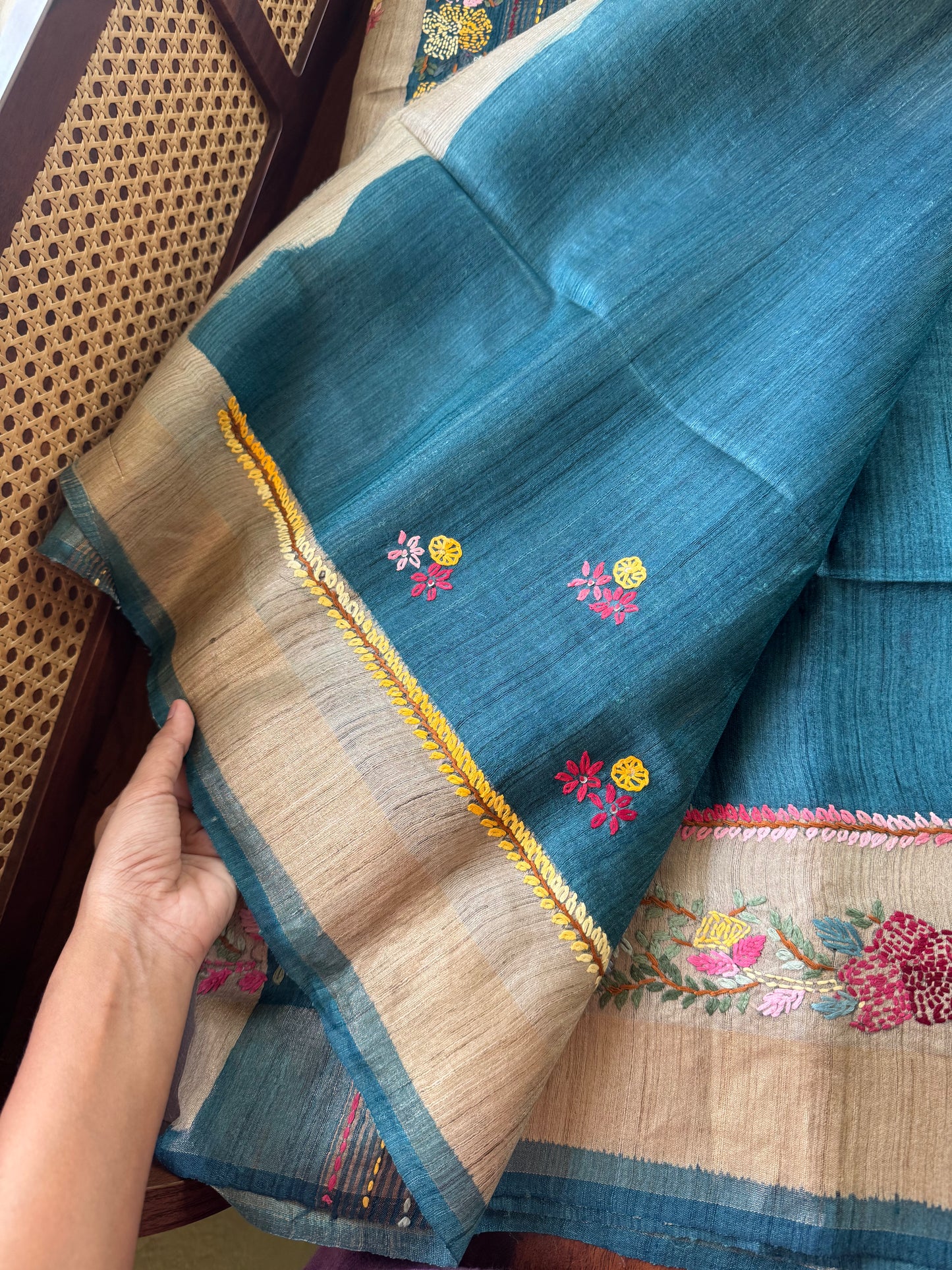 Hand Embroidered Pure Tussar Saree - Blue
