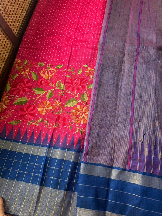 Semi Raw silk embroidered saree  - Pink & Blue checks