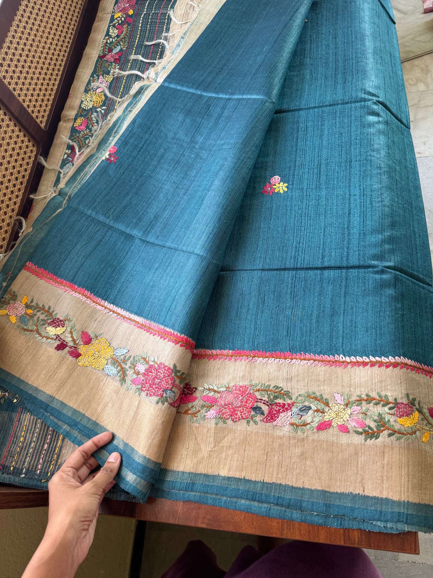 Hand Embroidered Pure Tussar Saree - Blue