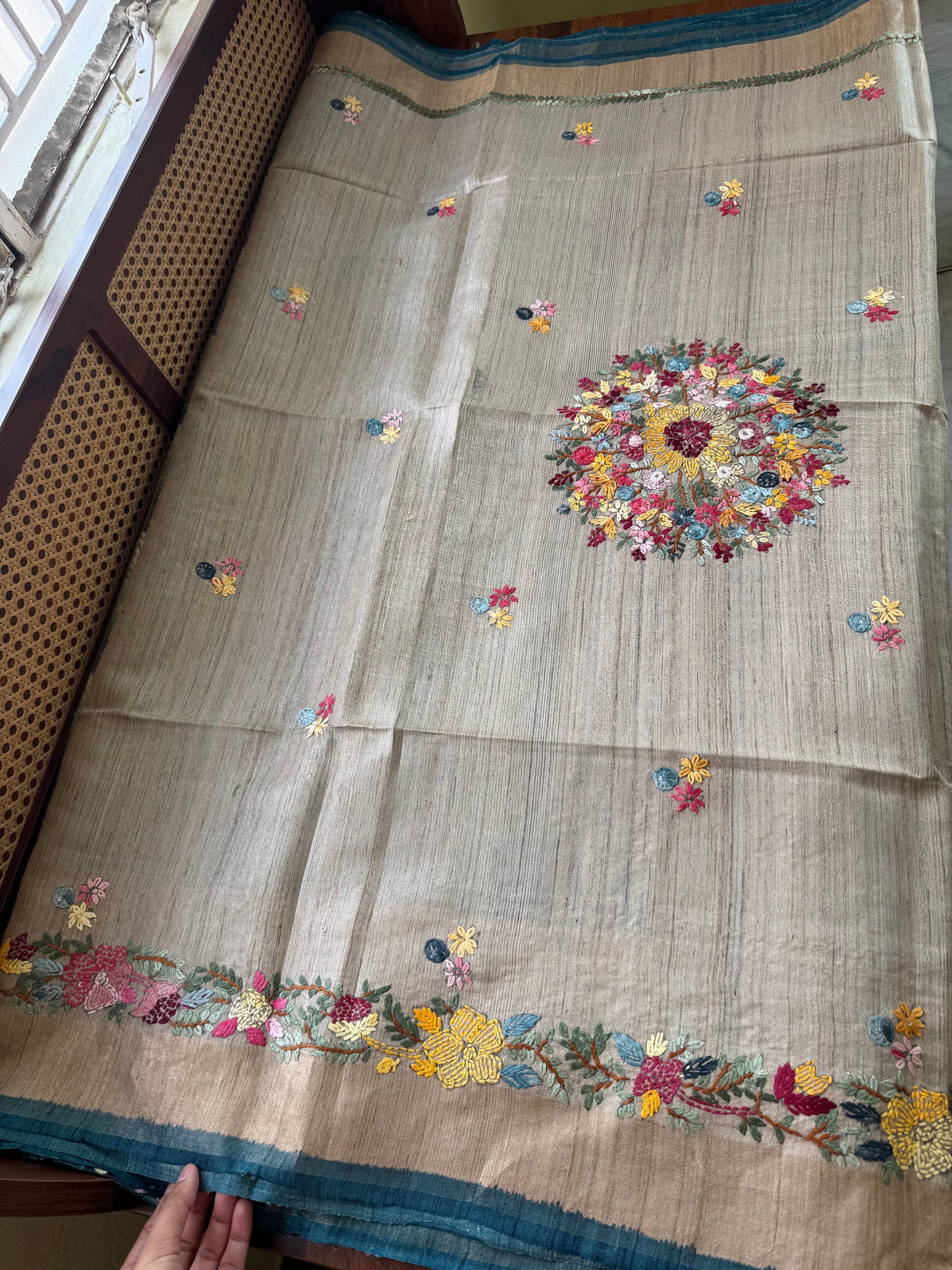 Hand Embroidered Pure Tussar Saree - Blue