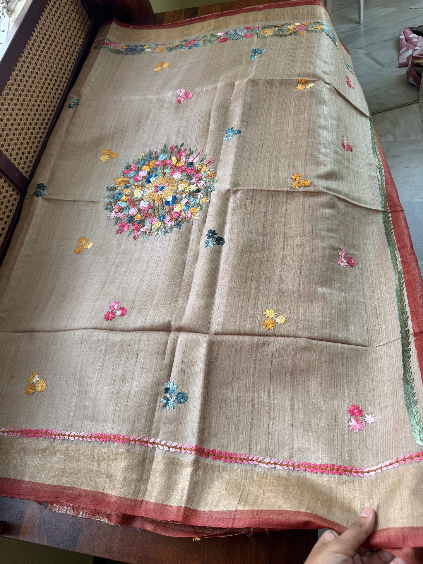 Hand Embroidered Pure Tussar Saree - Rustic Red