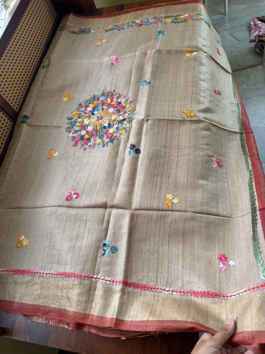 Hand Embroidered Pure Tussar Saree - Rustic Red