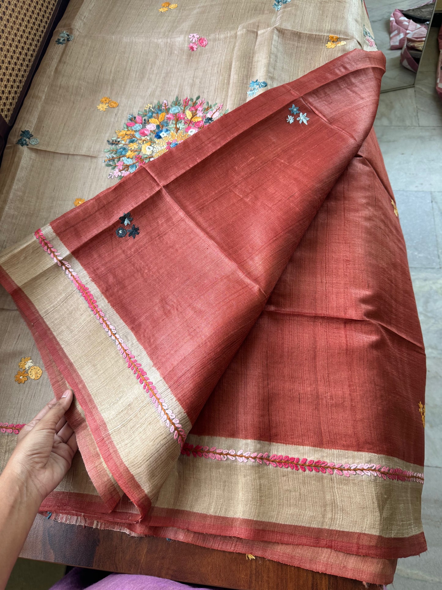 Hand Embroidered Pure Tussar Saree - Rustic Red