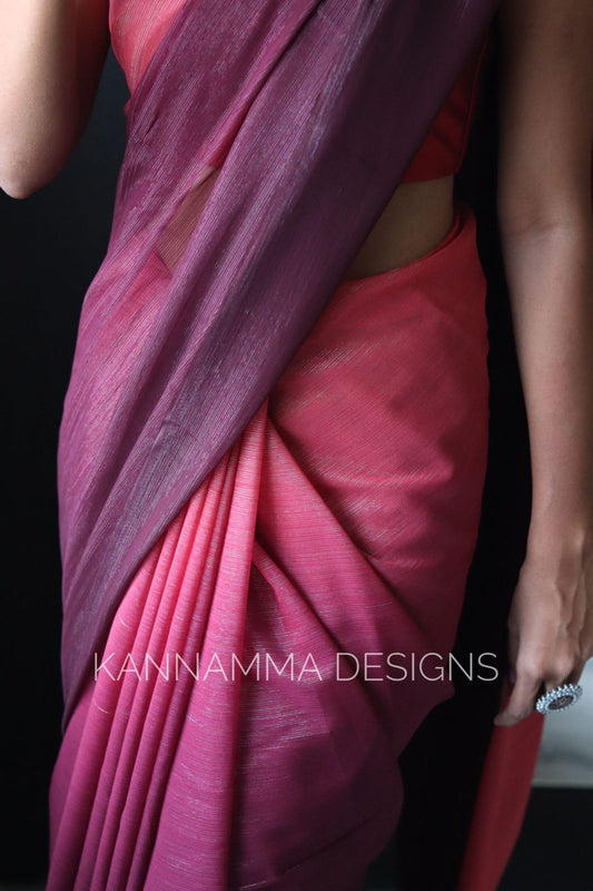 Ombre Shimmer Georgette Saree -Peach pink& Burgandy(KS98)