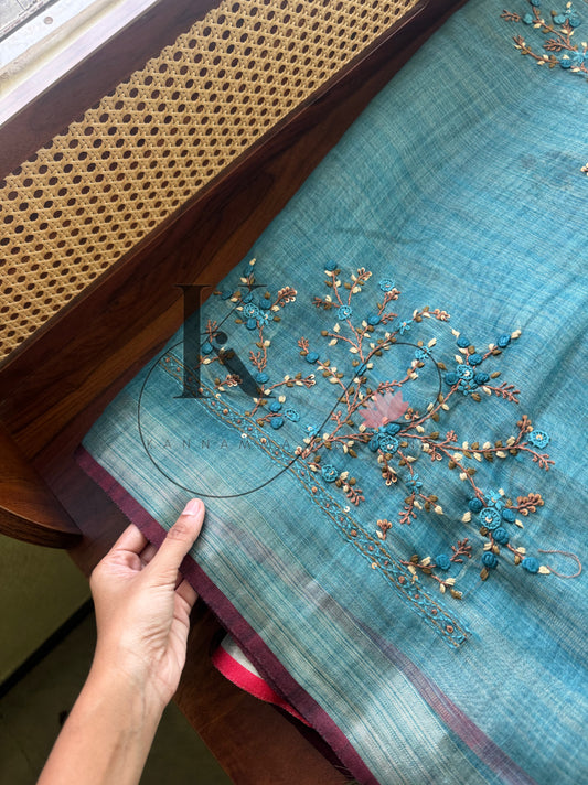 Premium Tissue Linen Sarees with heavy blouse - Blue