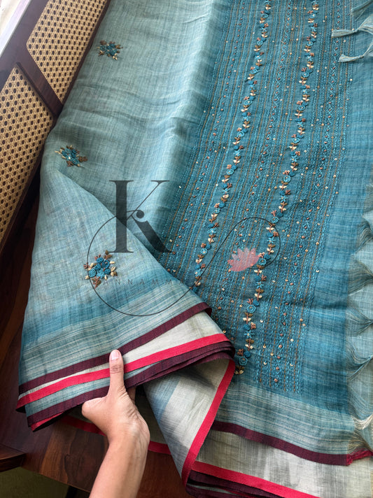 Premium Tissue Linen Sarees with heavy blouse - Blue