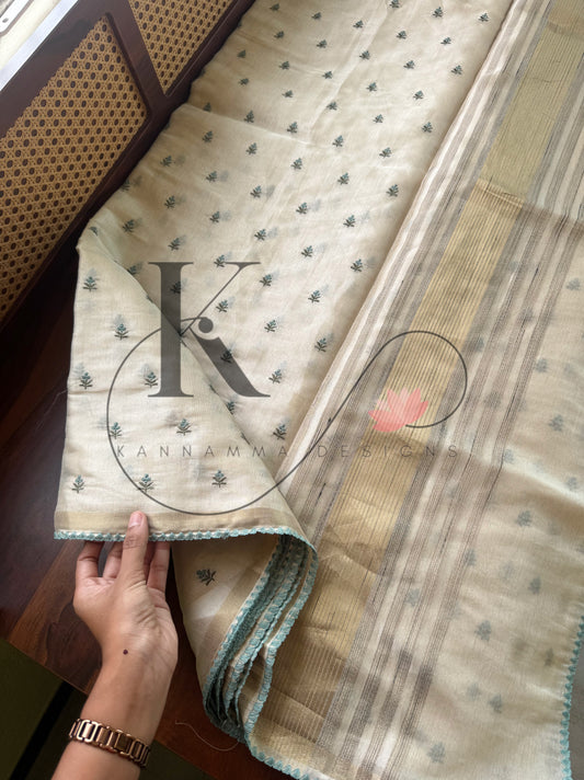 Mul Chanderi Tissue Saree - Cream & Blue