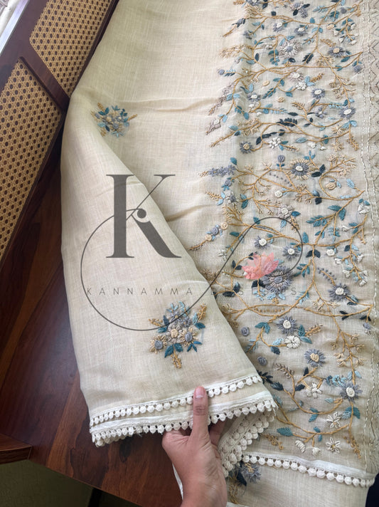 Premium Tissue Linen Sarees - Half White & Blue