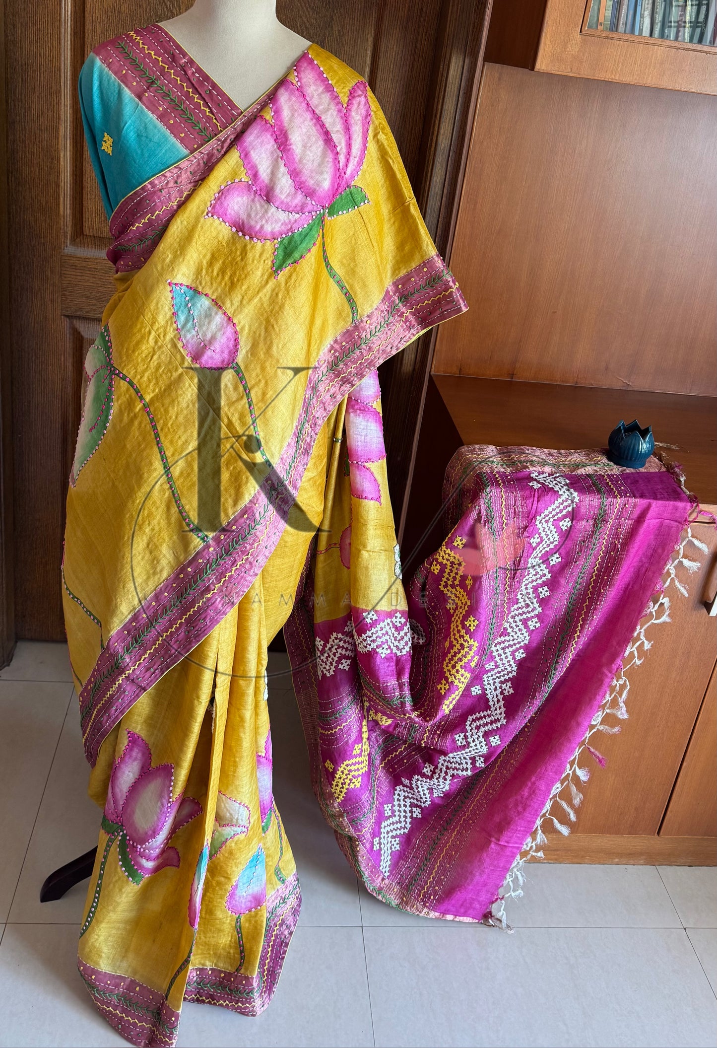 Hand Painted & Hand Embroidered Pure Gaji Tussar Silk Saree - Yellow