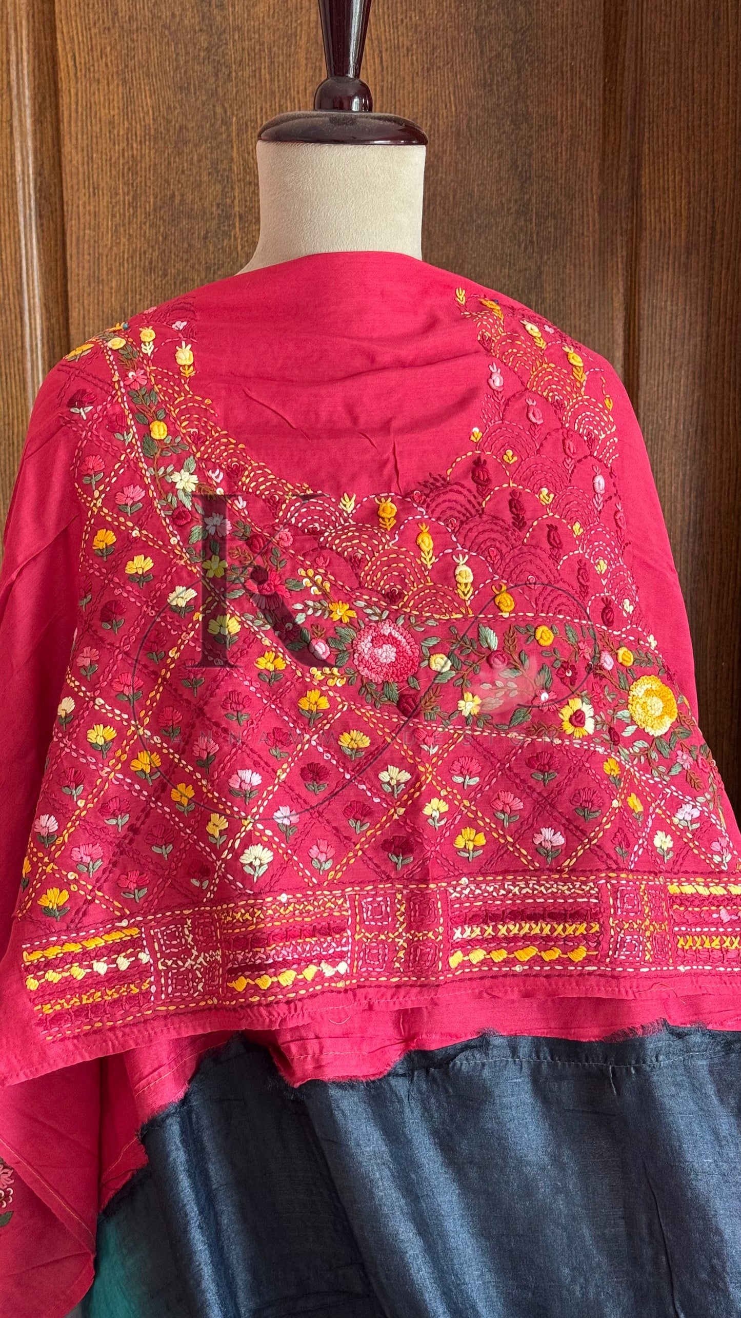 Hand Embroidered Pure Tussar Silk Saree - Black,Red & Blue