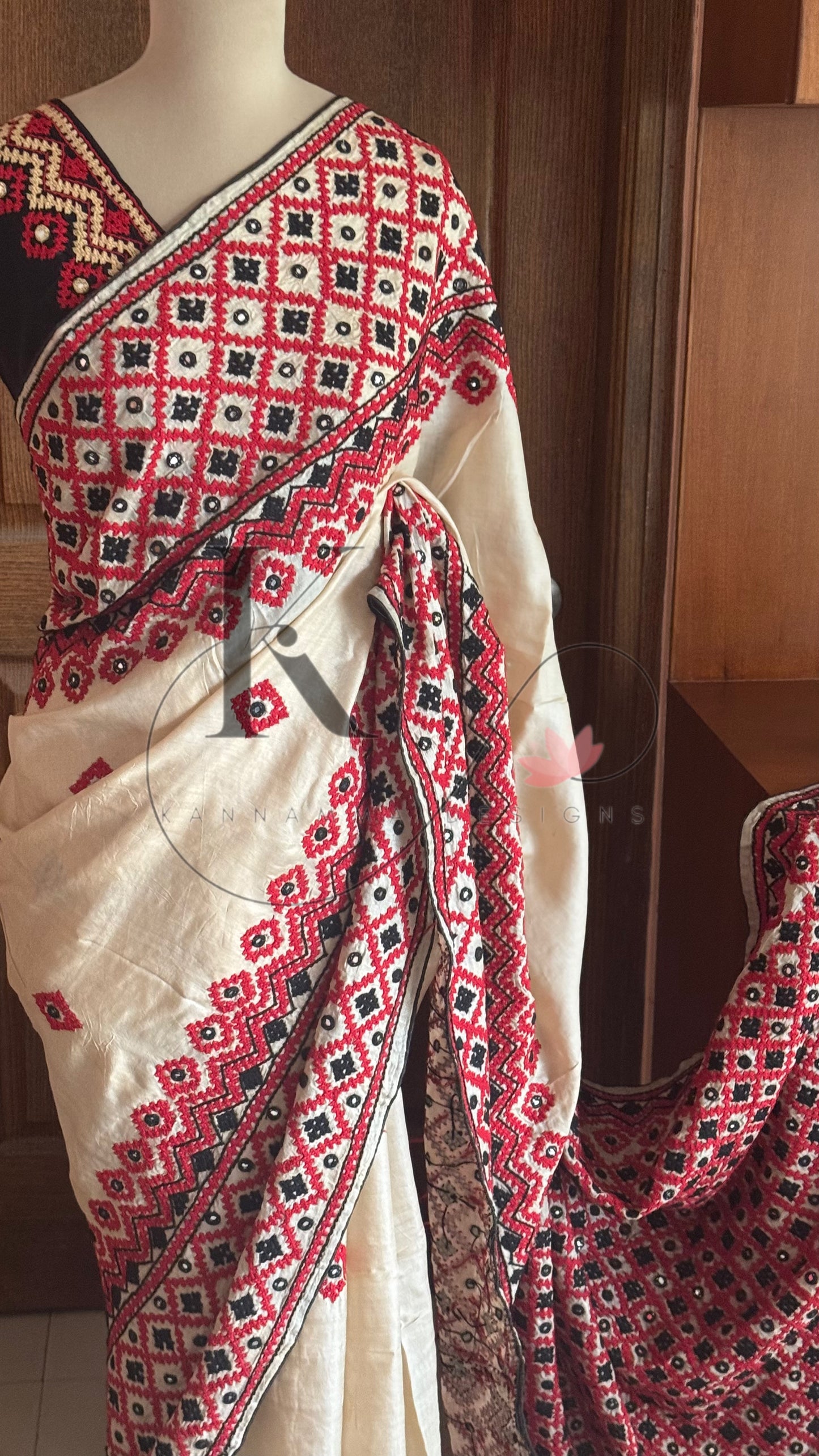 Kutch Embroidery with real mirror work Pure Gaji Tussar silk saree - Halfwhite ,red & black